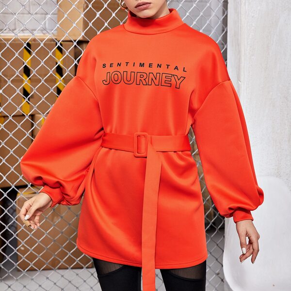 

Letter Graphic Lantern Sleeve Buckle Belted Pullover, Orange bright