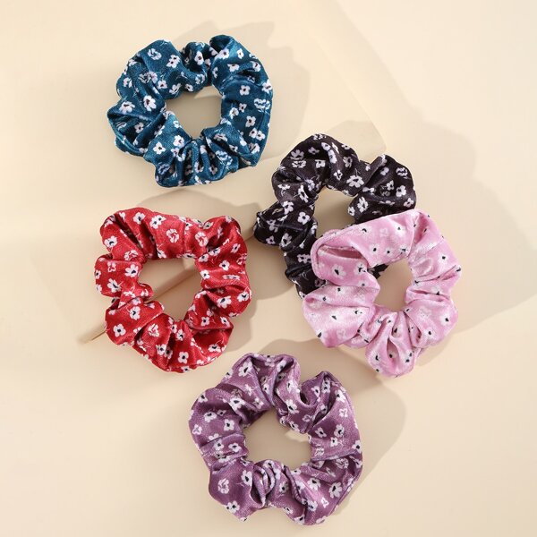 

5pcs Flower Print Scrunchies, Multicolor