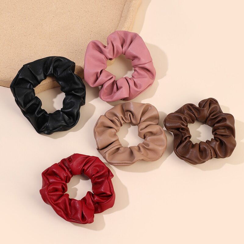 

5pcs Solid Faux Leather Scrunchie, Multicolor