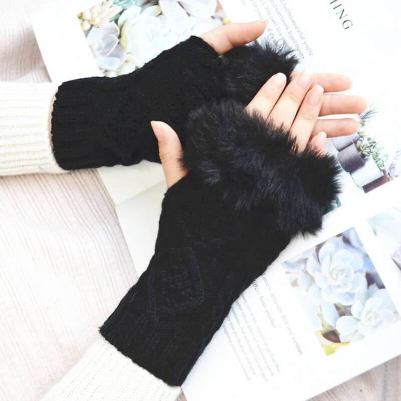 

Fluffy Half Finger Gloves, Black