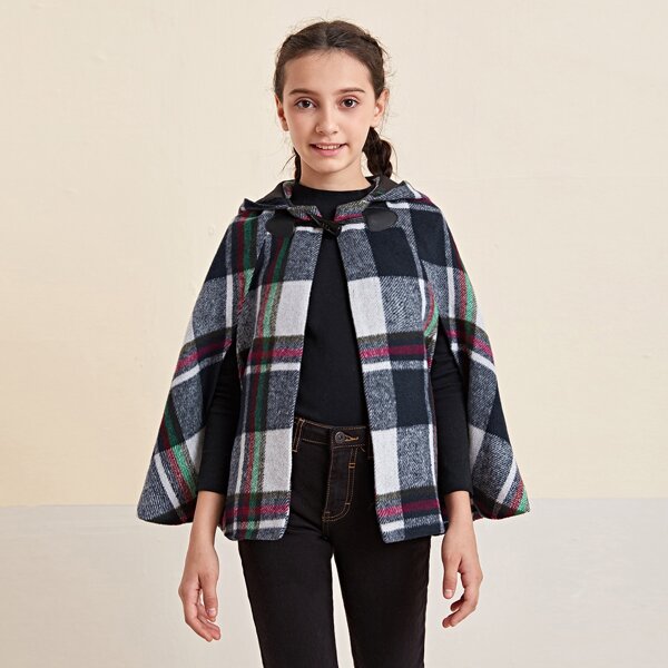 

Girls Duffle Buttoned Plaid Hooded Cape Coat, Multicolor
