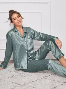 圖案印花翻領紐扣緞面睡衣套裝 - 青碧色 - 查看 1