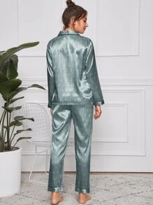 圖案印花翻領紐扣緞面睡衣套裝 - 青碧色 - 查看 2