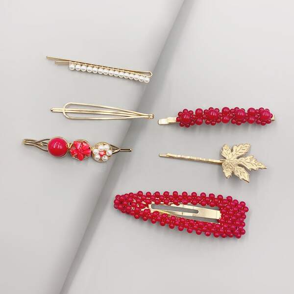 

6pcs Faux Pearl Decor Hair Clip, Red