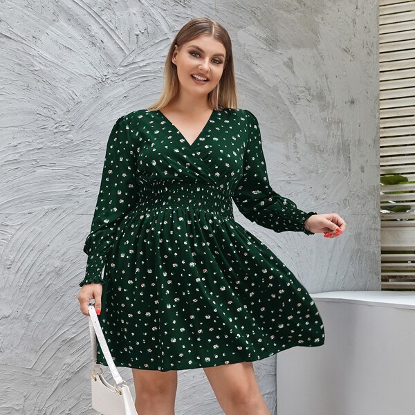 

Plus Ditsy Floral Surplice Front Shirred Dress, Dark green