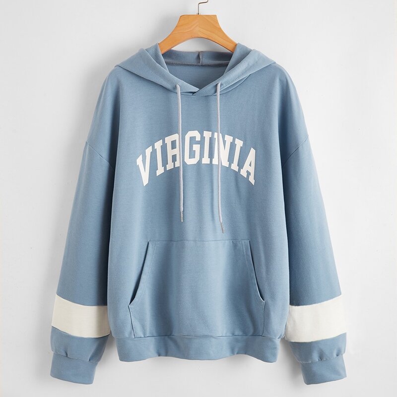 

Letter Colorblock Drawstring Hoodie, Baby blue