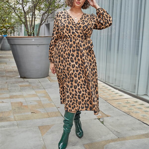 

Plus Leopard Surplice Neck Tie Side Dress, Camel