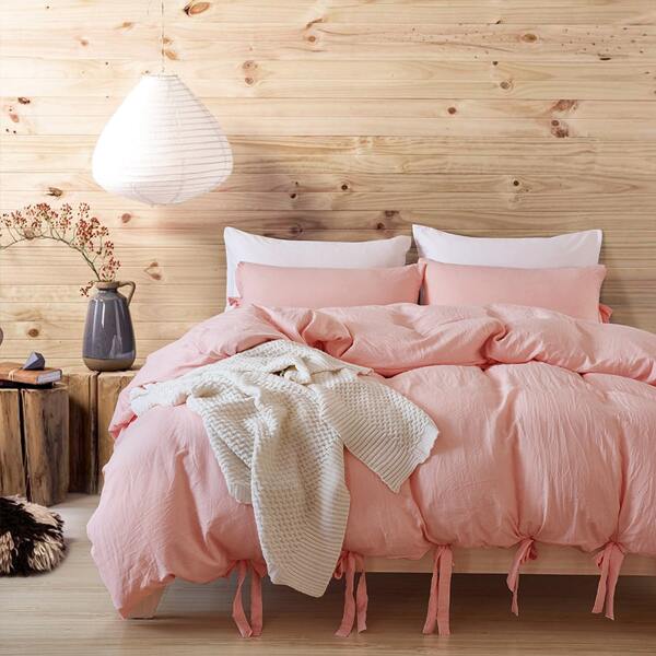 

Solid Lace Up Bedding Set Without Filler, Baby pink