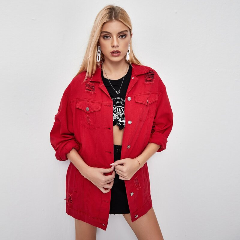 

Ripped Button Front Flap Pocket Denim Jacket, Red