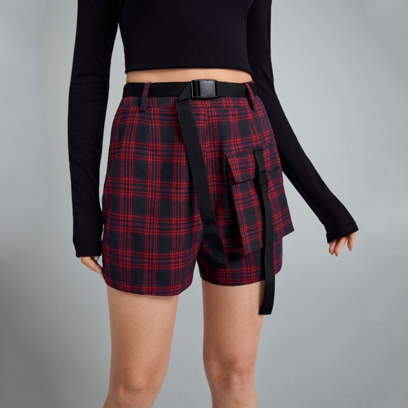 

Buckle Pocket Front Plaid Shorts, Multicolor
