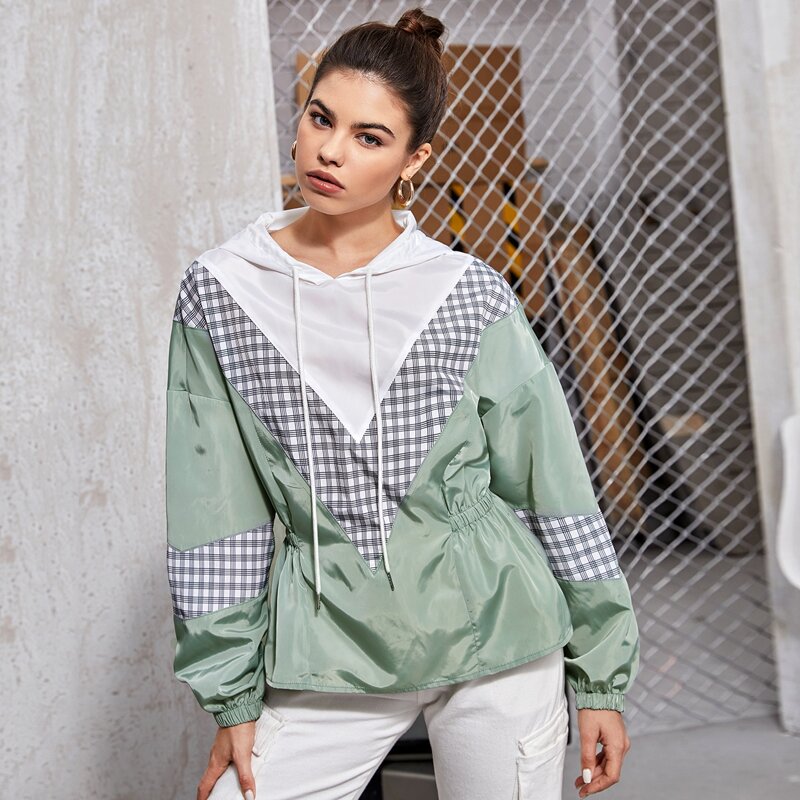 

Chevron Colorblock Plaid Panel Wind Hooded Jacket, Multicolor