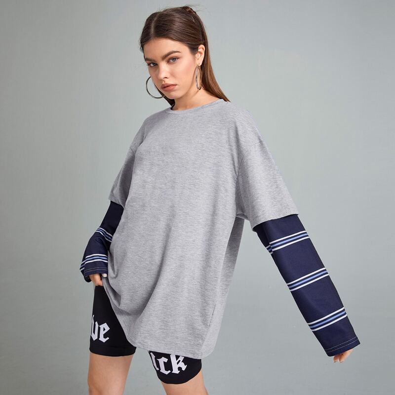 

Striped Sleeve Oversized Tee, Light grey