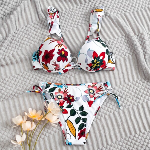 

Floral Underwire Ruffle Trim Tie Side Bikini Swimsuit, Multicolor