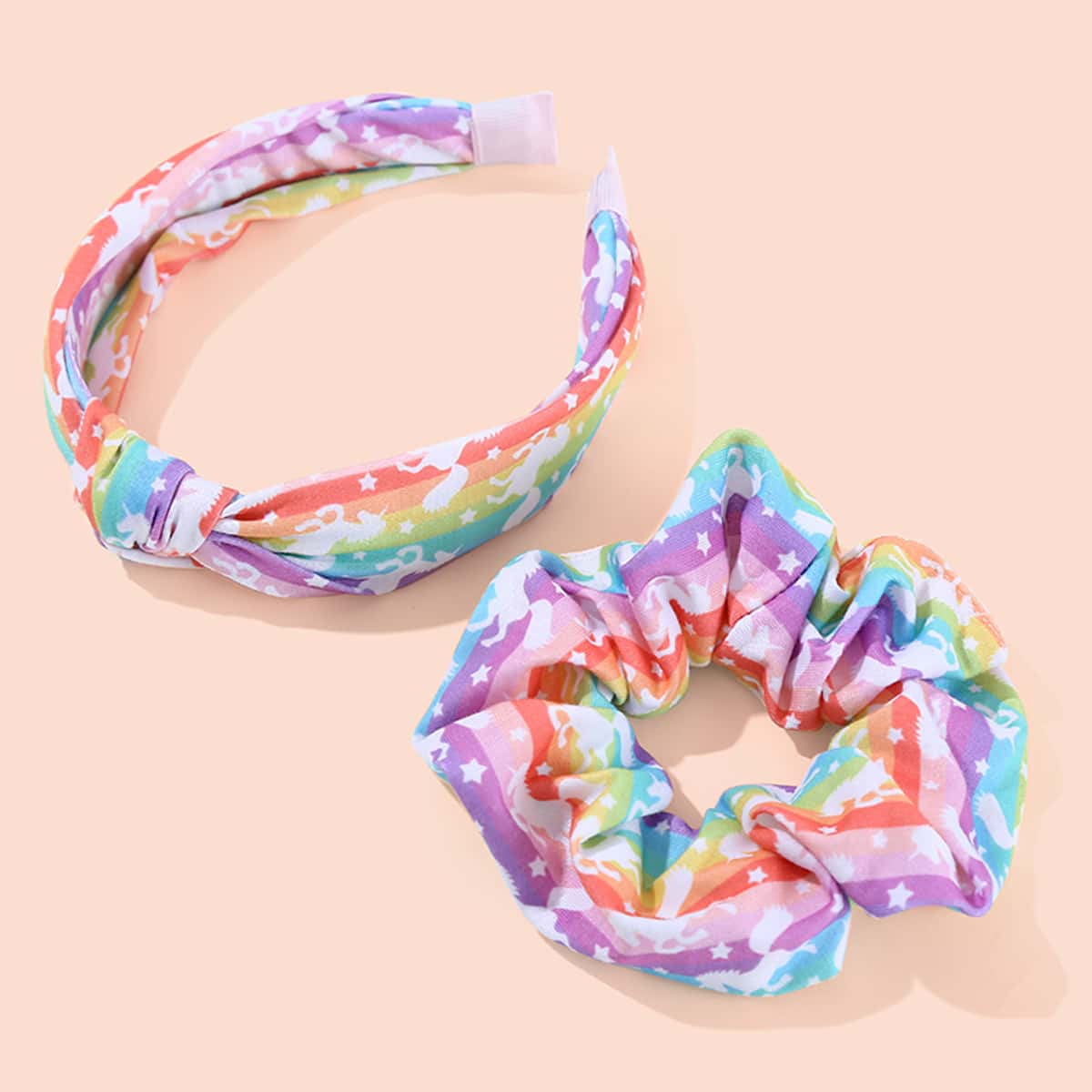 

2pcs Rainbow Striped Hair Hoop & Scrunchie, Multicolor