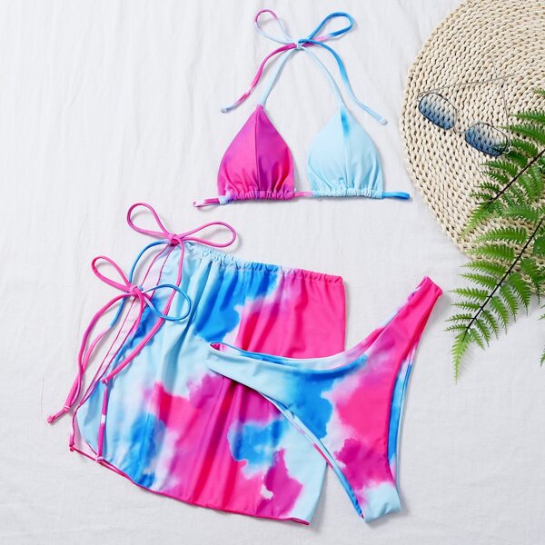 

3pack Tie Dye Triangle Bikini Swimsuit & Beach Skirt, Multicolor