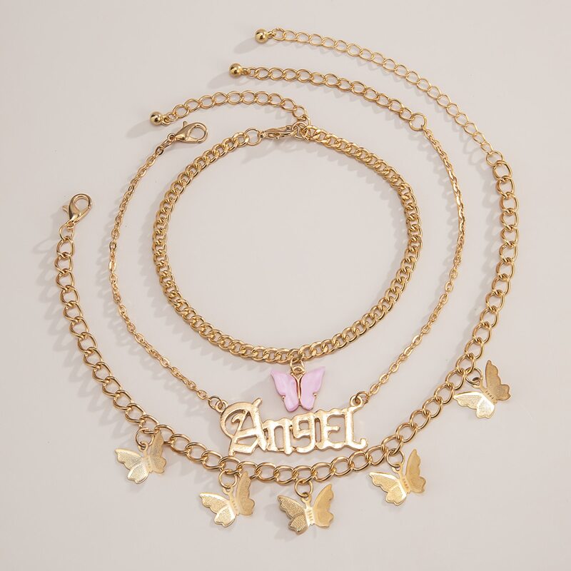 

3pcs Letter & Butterfly Chain Anklet, Gold