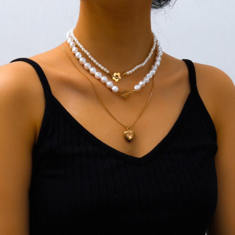 3pcs Heart & Floral Faux Pearl Necklace, White