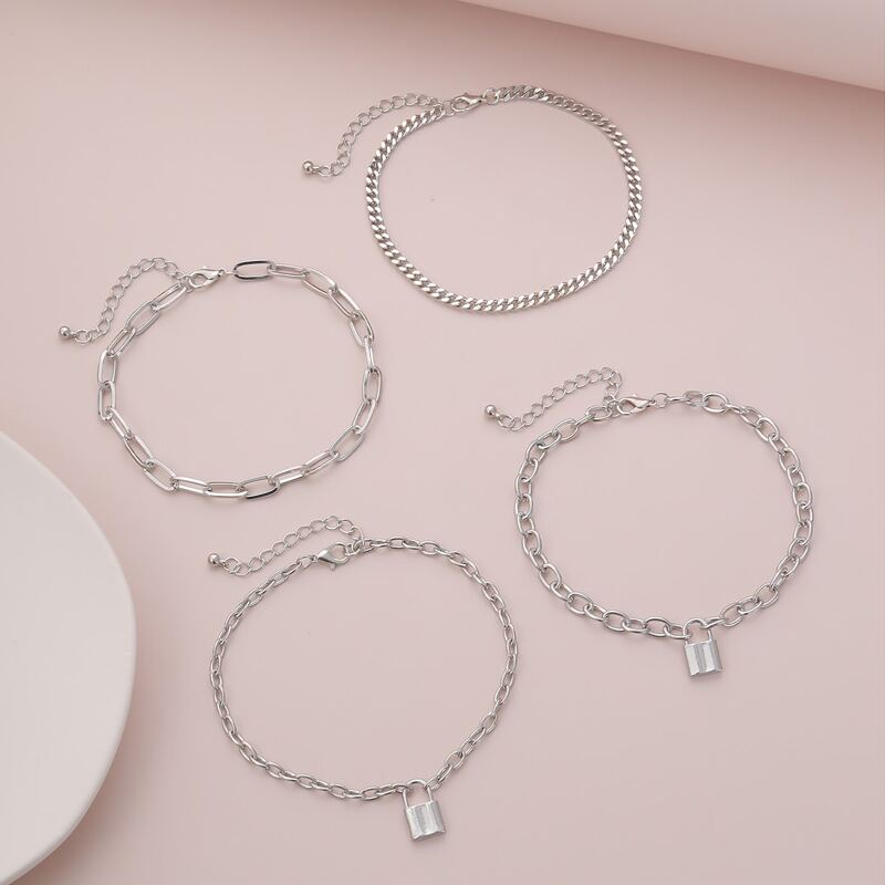 

4pcs Lock Chain Anklet, Silver