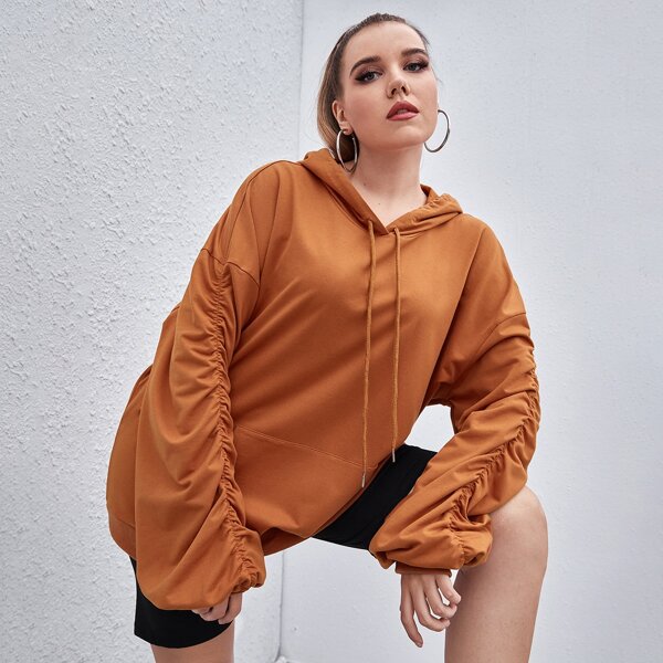 

Plus Ruched Sleeve Drawstring Oversized Hoodie, Burnt orange