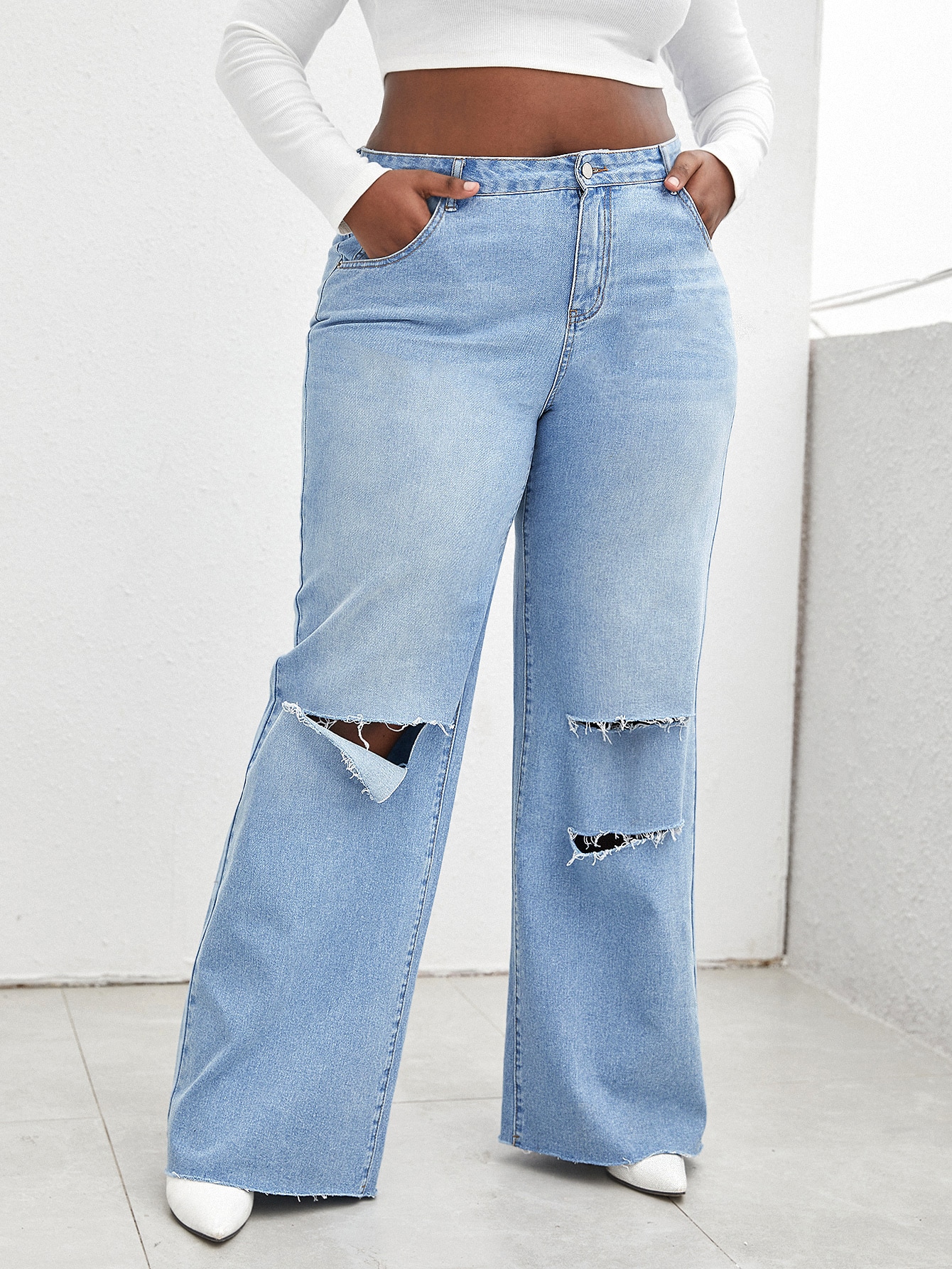 Plus Light Wash Ripped Detail Raw Hem Wide Leg Jeans thumbnail