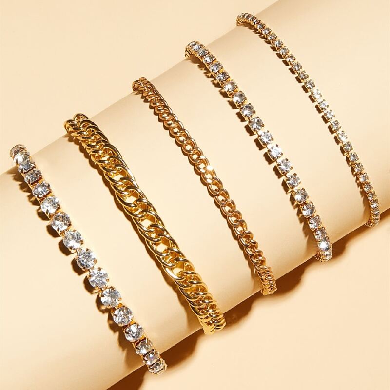 

5pcs Rhinestone Chain Anklet, Gold