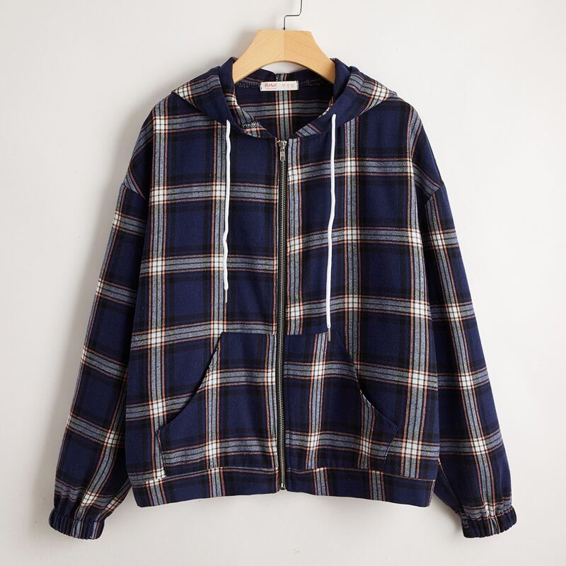 

Kangaroo Pocket Plaid Drawstring Jacket, Multicolor