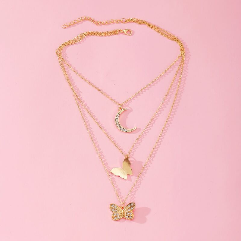 

Rhinestone Butterfly & Moon Layered Necklace, Gold