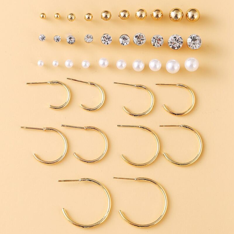 

20pairs Faux Pearl & Rhinestone Earring Set, Gold