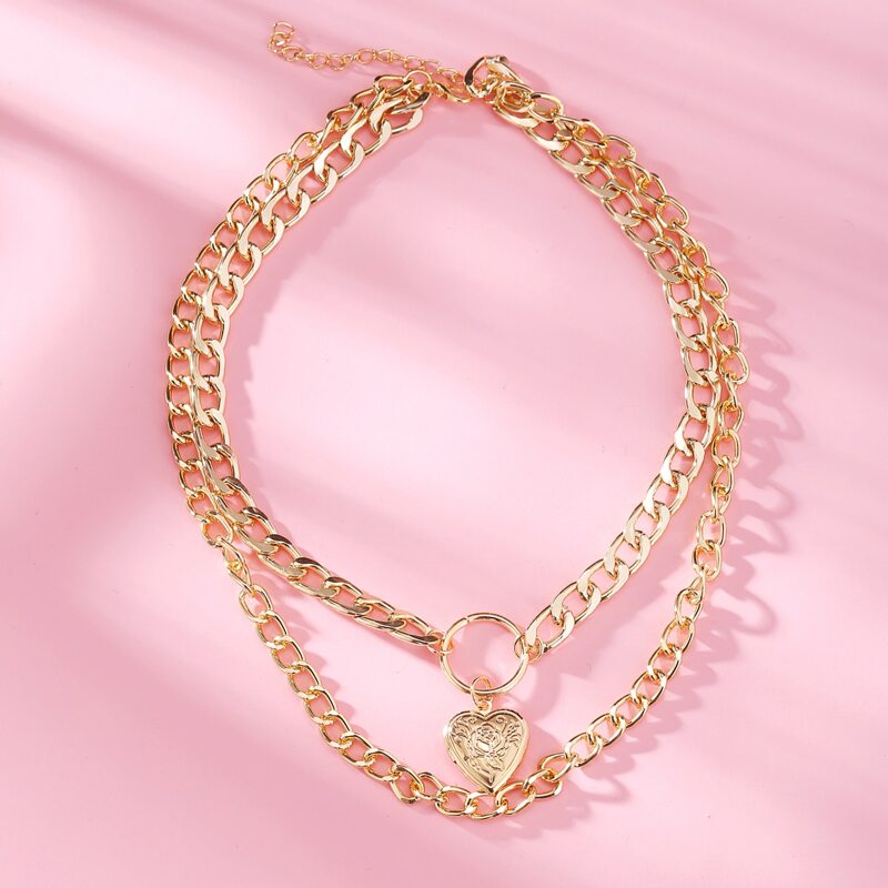 

Heart Chunky Chain Layered Necklace, Gold