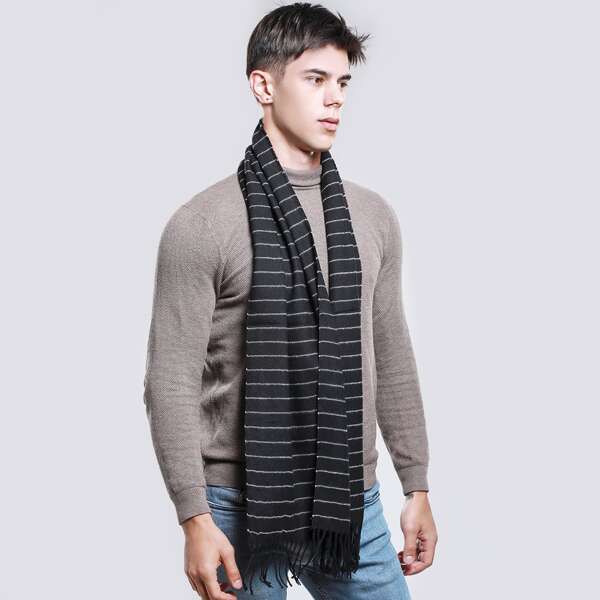 

Men Striped Pattern Scarf, Black and white