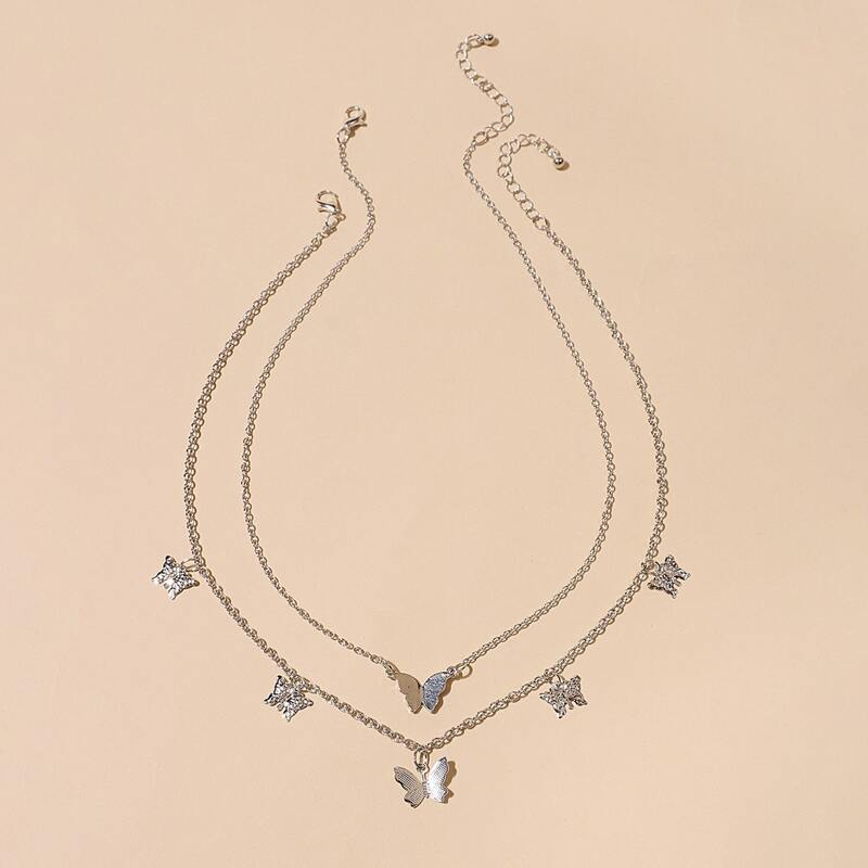 2pcs Butterfly Pendant Necklace, Silver