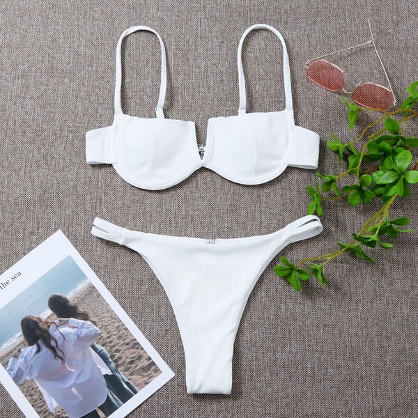 

Rib V Wired Bikini Swimsuit, White