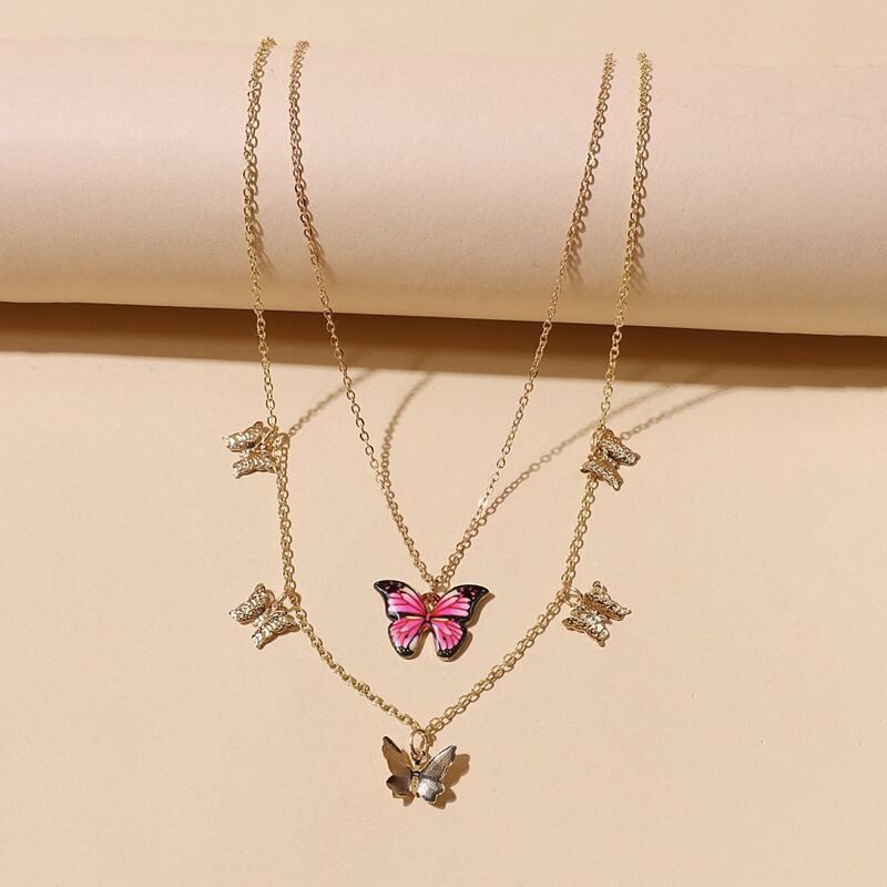 

2pcs Butterfly Pendant Necklace, Multicolor