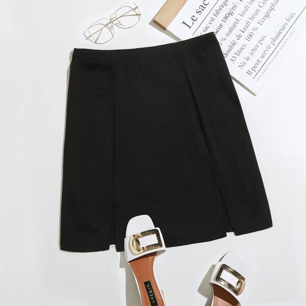 

Plus Split Hem Elastic Waist Skirt, Black