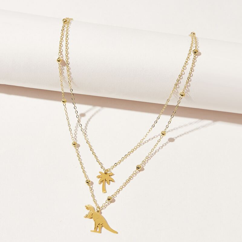 

Dinosaur & Coconut Tree Layered Necklace, Gold