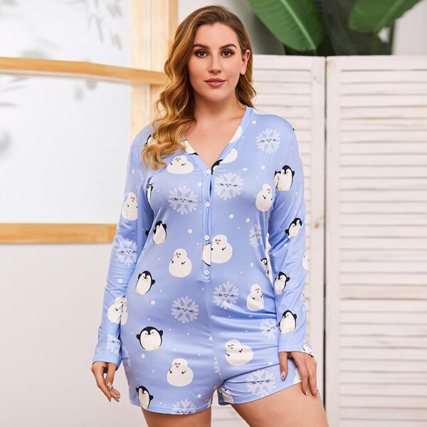 

Plus Cartoon Snowman Print Pajama Onesie, Baby blue