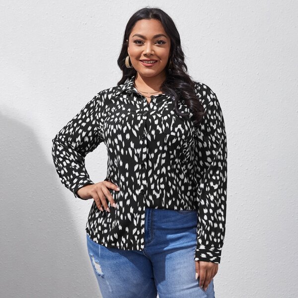 

Plus Button Up Allover Print Blouse, Black and white