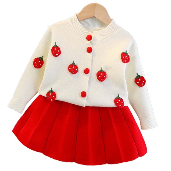 

Toddler Girls Strawberry Patched Cardigan & Knit Skirt, Red and white