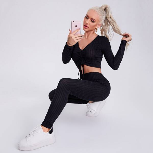 

Drawstring Front Crop Top & Leggings Set, Black