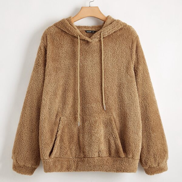 

Plus Pouch Pocket Teddy Hoodie, Brown
