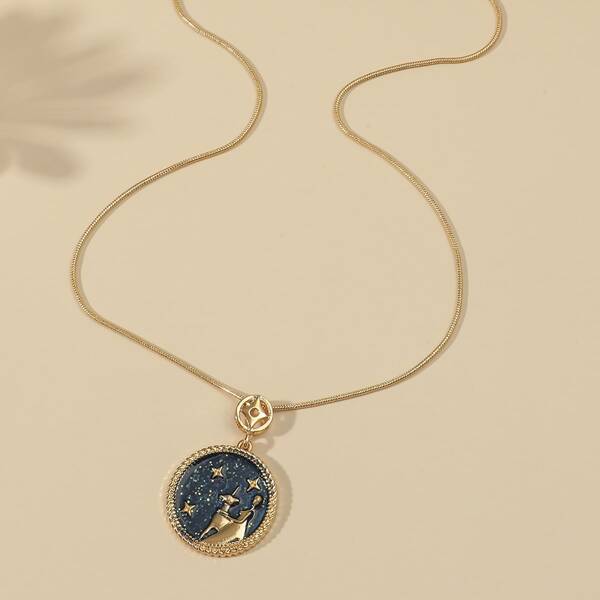 

Zodiac Sign Design Round Charm Necklace, Gold