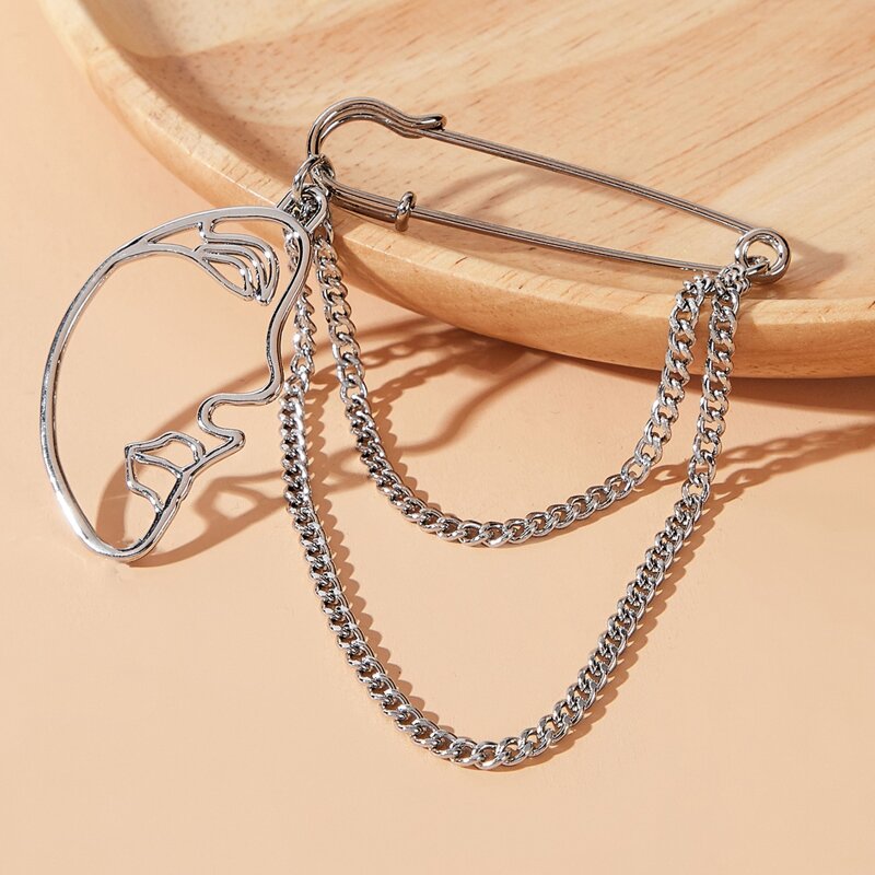 

Abstract Face Safety Pin Brooch, Silver