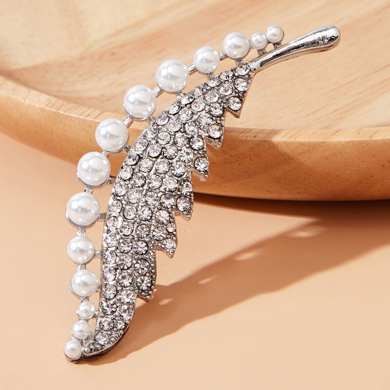 

Rhinestone & Faux Pearl Leaf Brooch, Silver