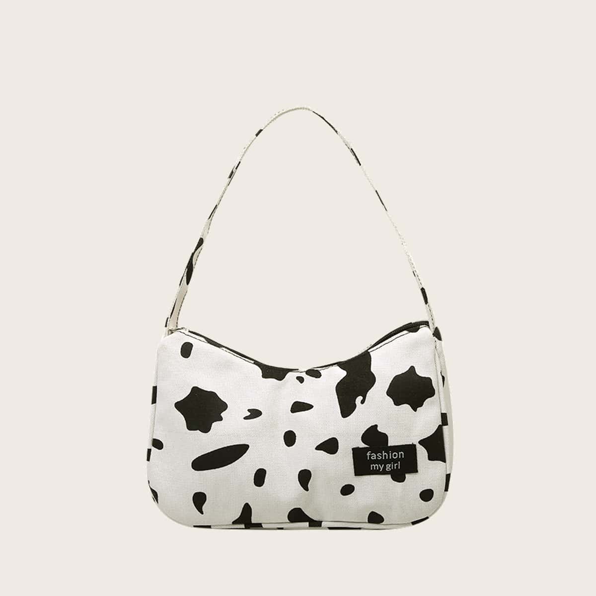 

Cow Print Baguette Bag, Black and white