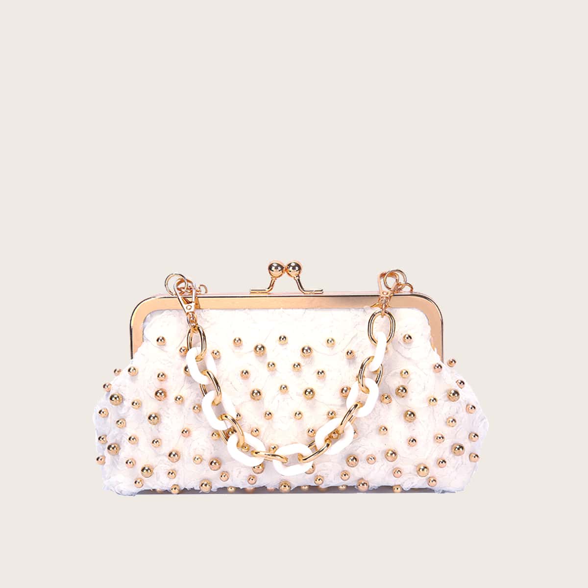 

Floral Lace Beaded Chain Satchel Bag, Gold