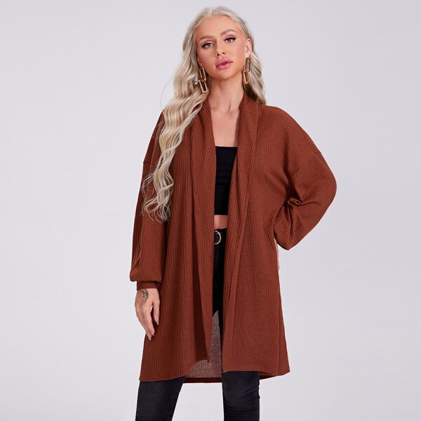 

Drop Shoulder Open Front Rib-knit Coat, Rust brown