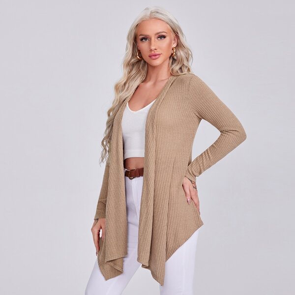 

Asymmetrical Hem Rib-knit Coat, Khaki
