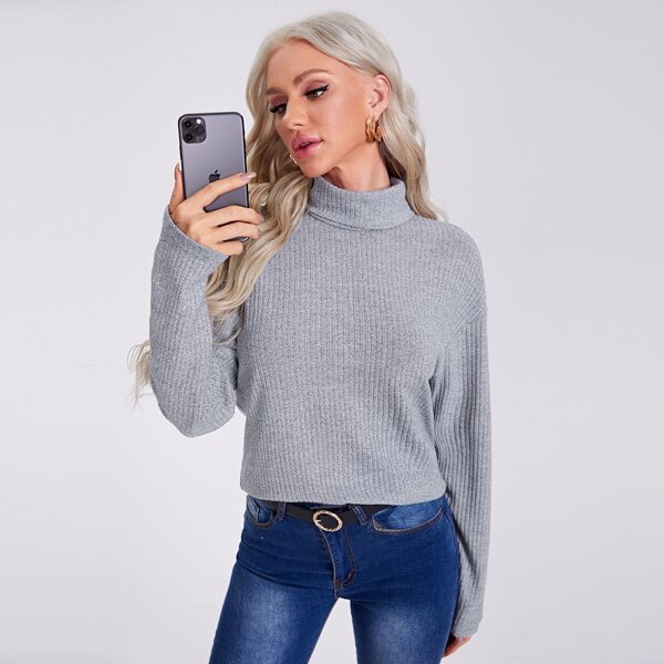 

Funnel Neck Drop Shoulder Rib-knit Tee, Light grey
