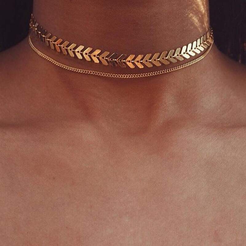 

Fish Bone Layered Choker, Gold