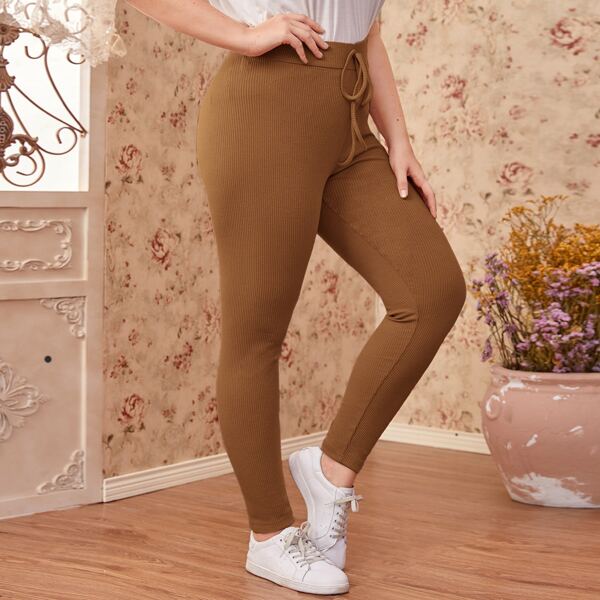 

Plus Tie Waist Rib-knit Leggings, Camel